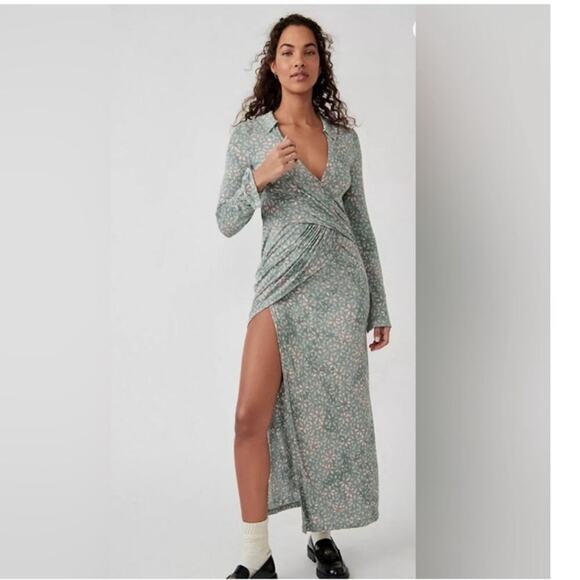 New Free people Shayla wrap midi dress in mint combo print size small - Picture 1 of 10